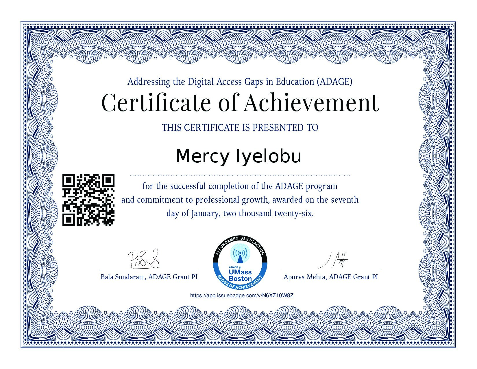 Certificate for Mercy Iyelobu