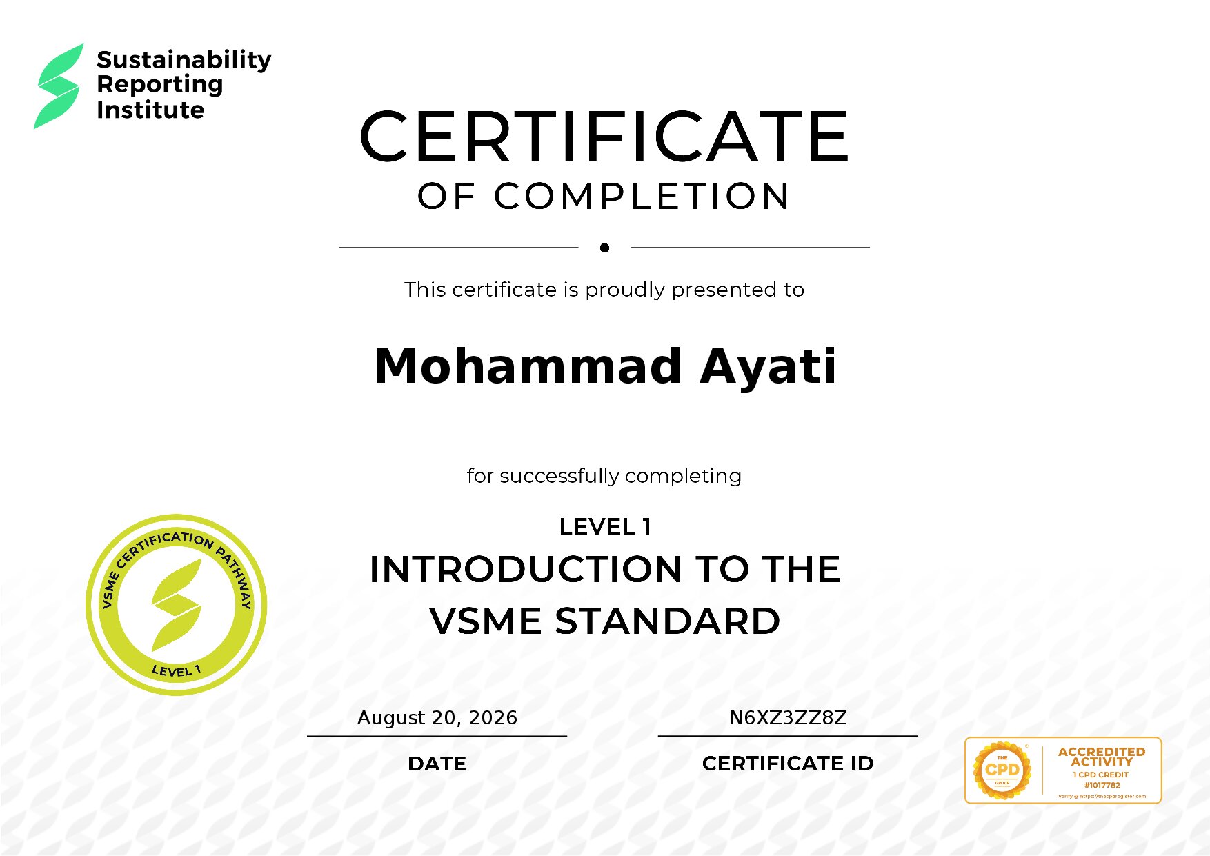 Certificate for Mohammad Ayati