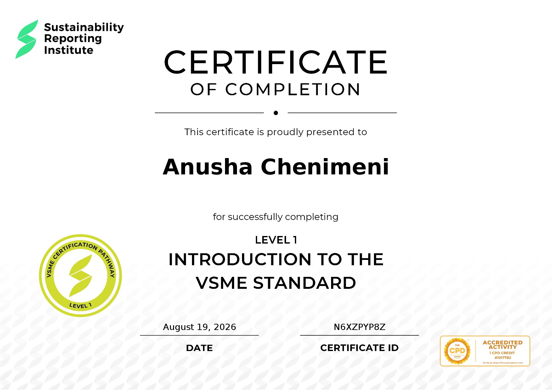 Certificate for Anusha Chenimeni