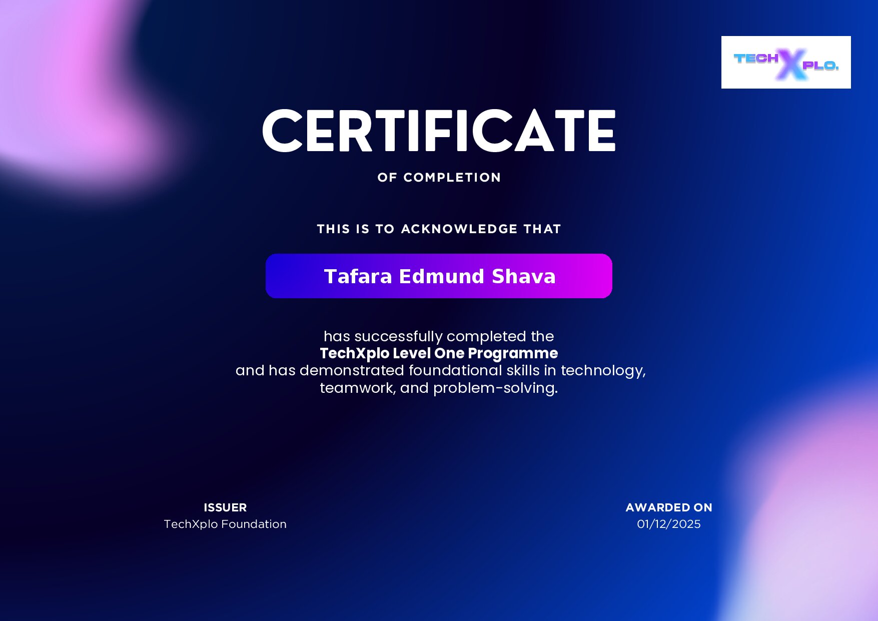Certificate for Tafara Edmund Shava