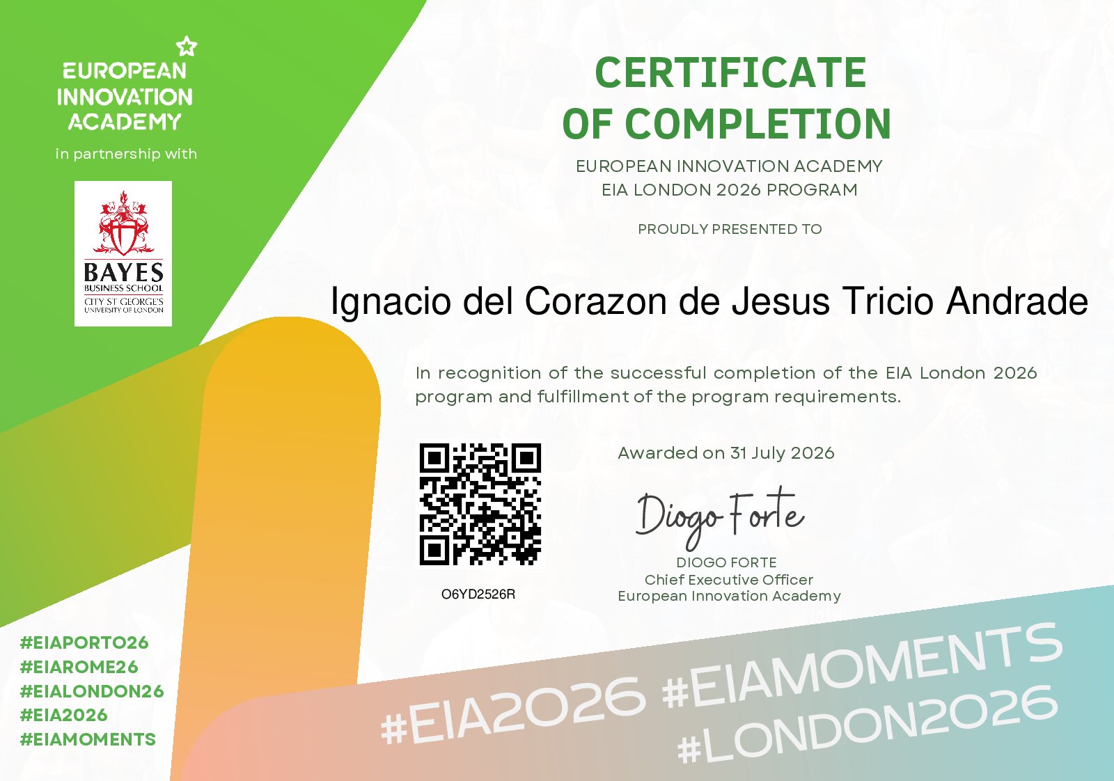 Certificate for Ignacio del Corazon de Jesus Tricio Andrade 