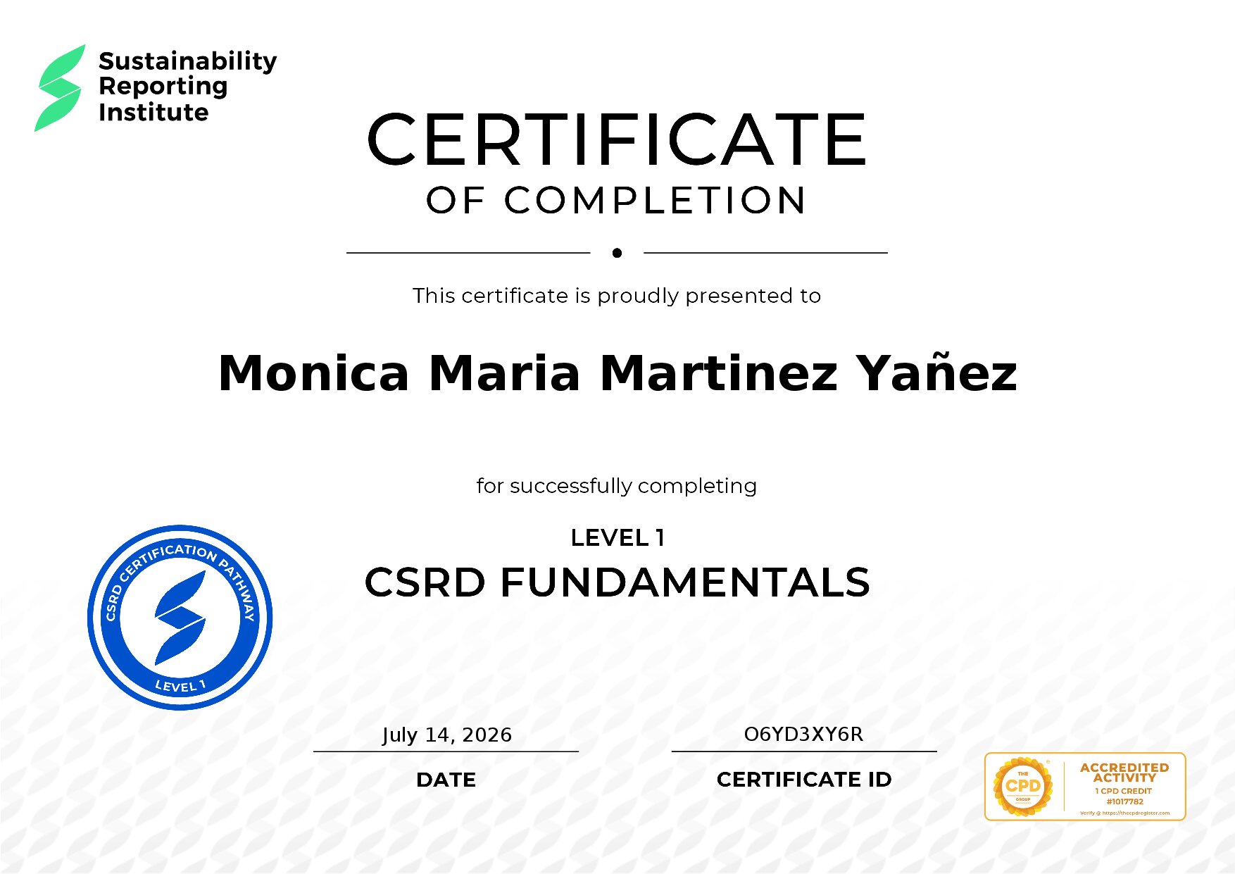 Certificate for Monica Maria Martinez Yañez