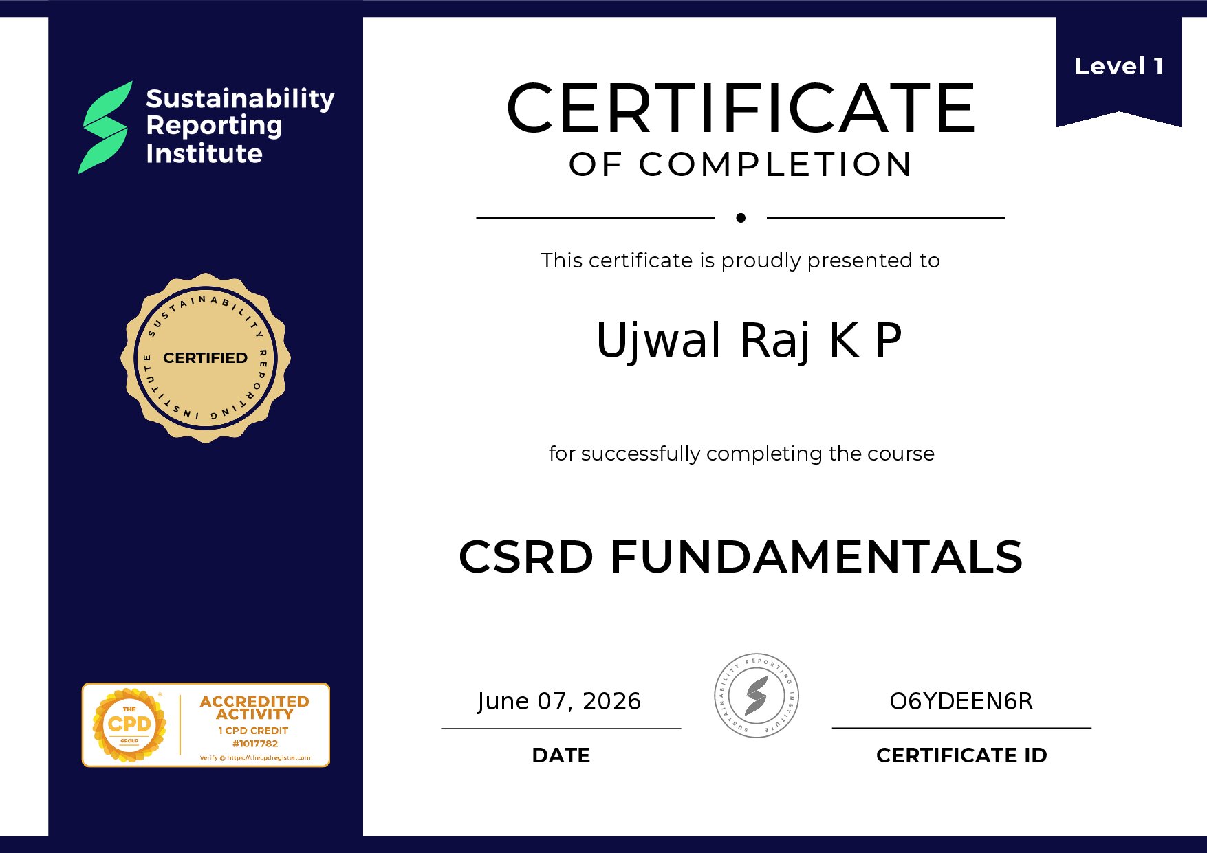 Certificate for Ujwal Raj K P