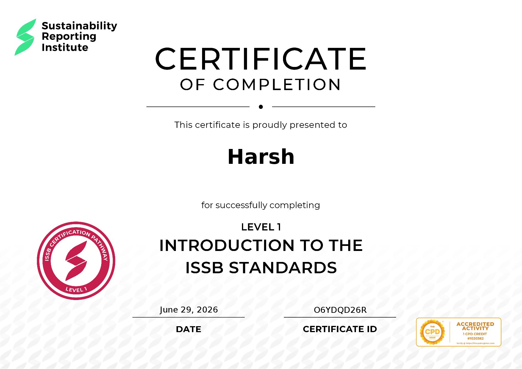 Certificate for Harsh