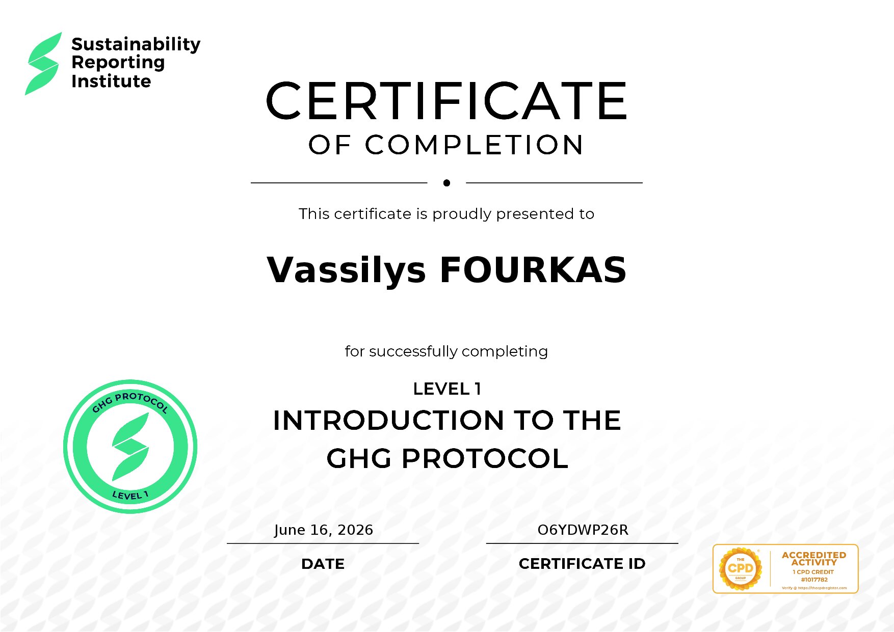Certificate for Vassilys FOURKAS