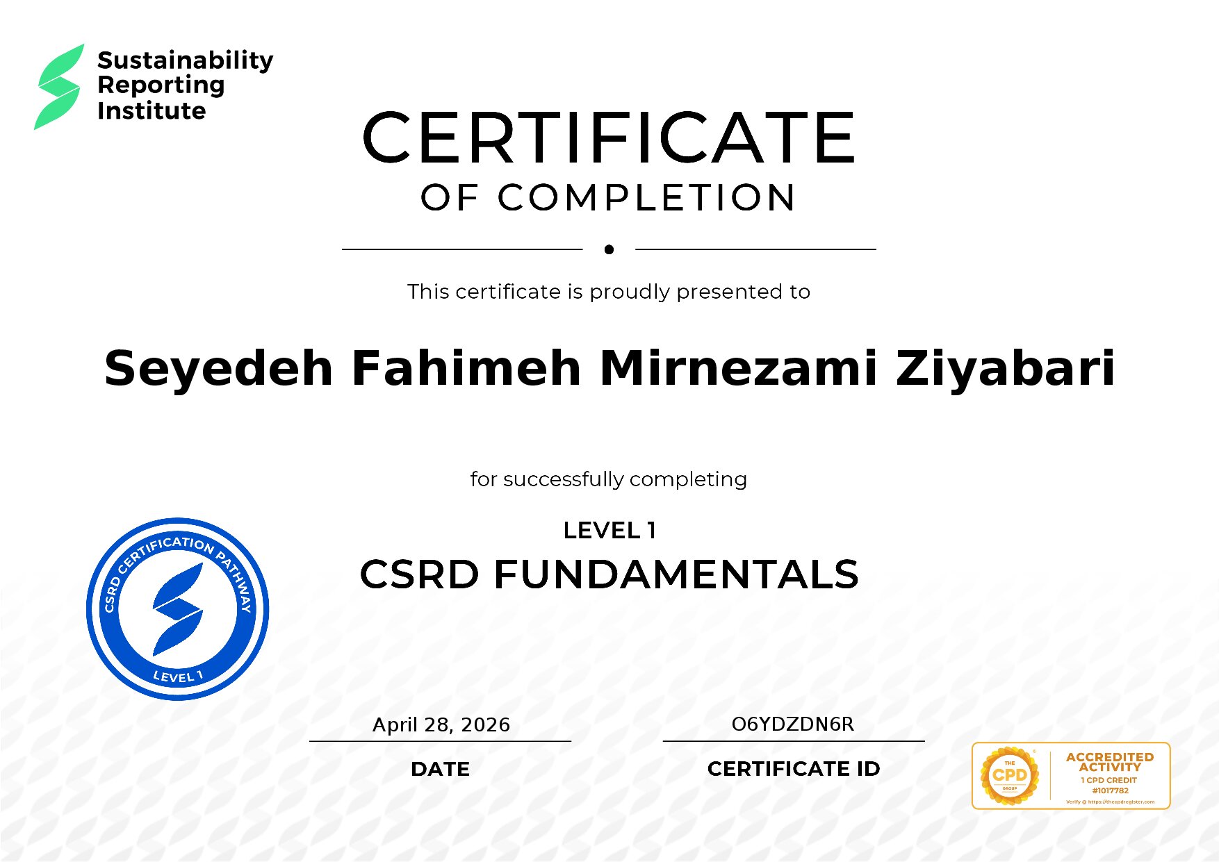 Certificate for Seyedeh Fahimeh Mirnezami Ziyabari