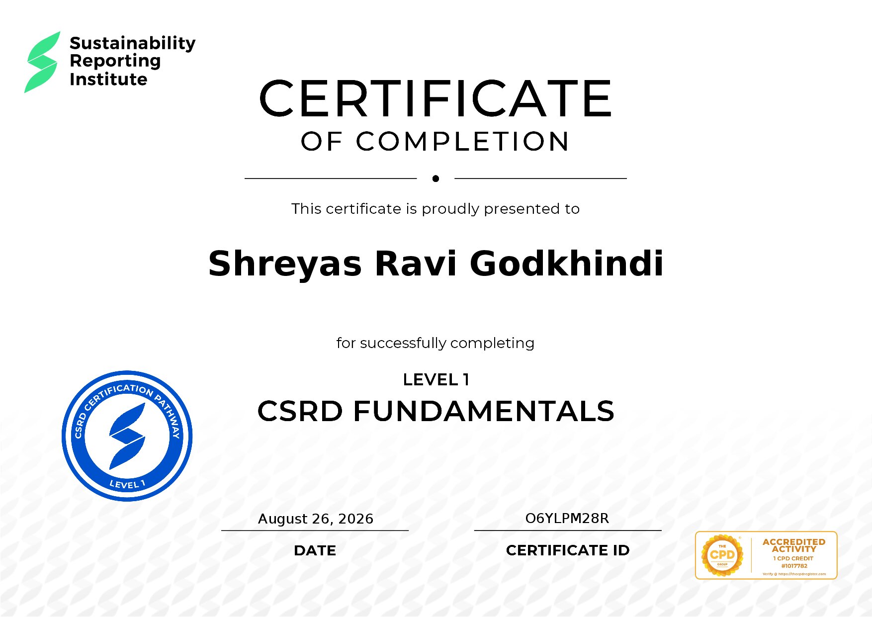 Certificate for Shreyas Ravi Godkhindi