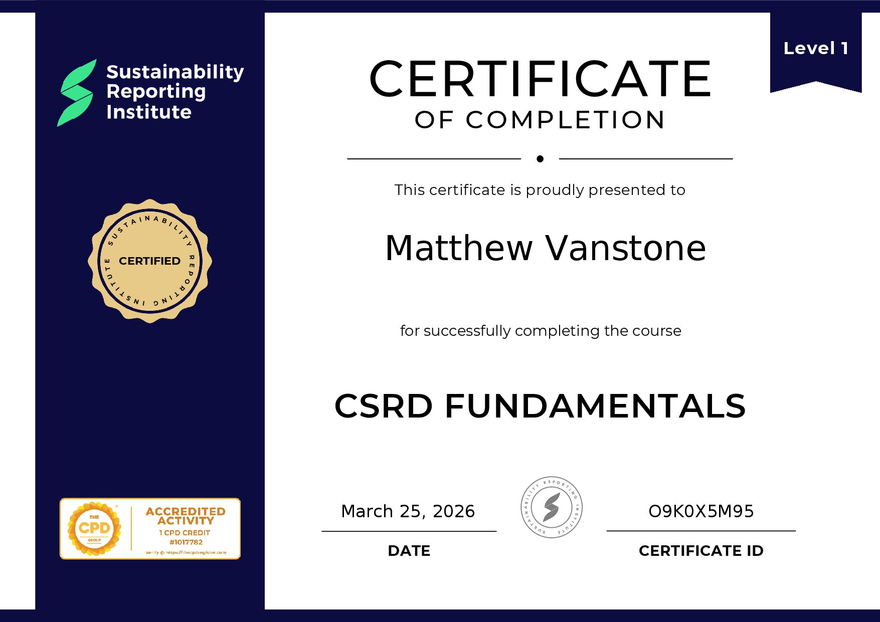 Certificate for Matthew Vanstone
