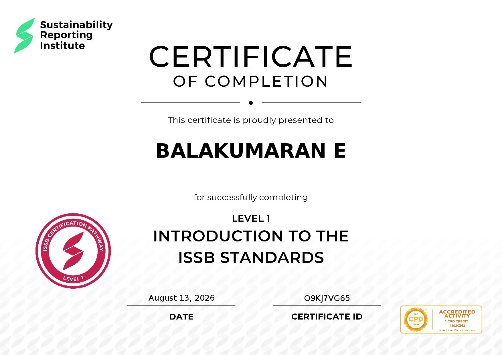 Certificate for BALAKUMARAN E