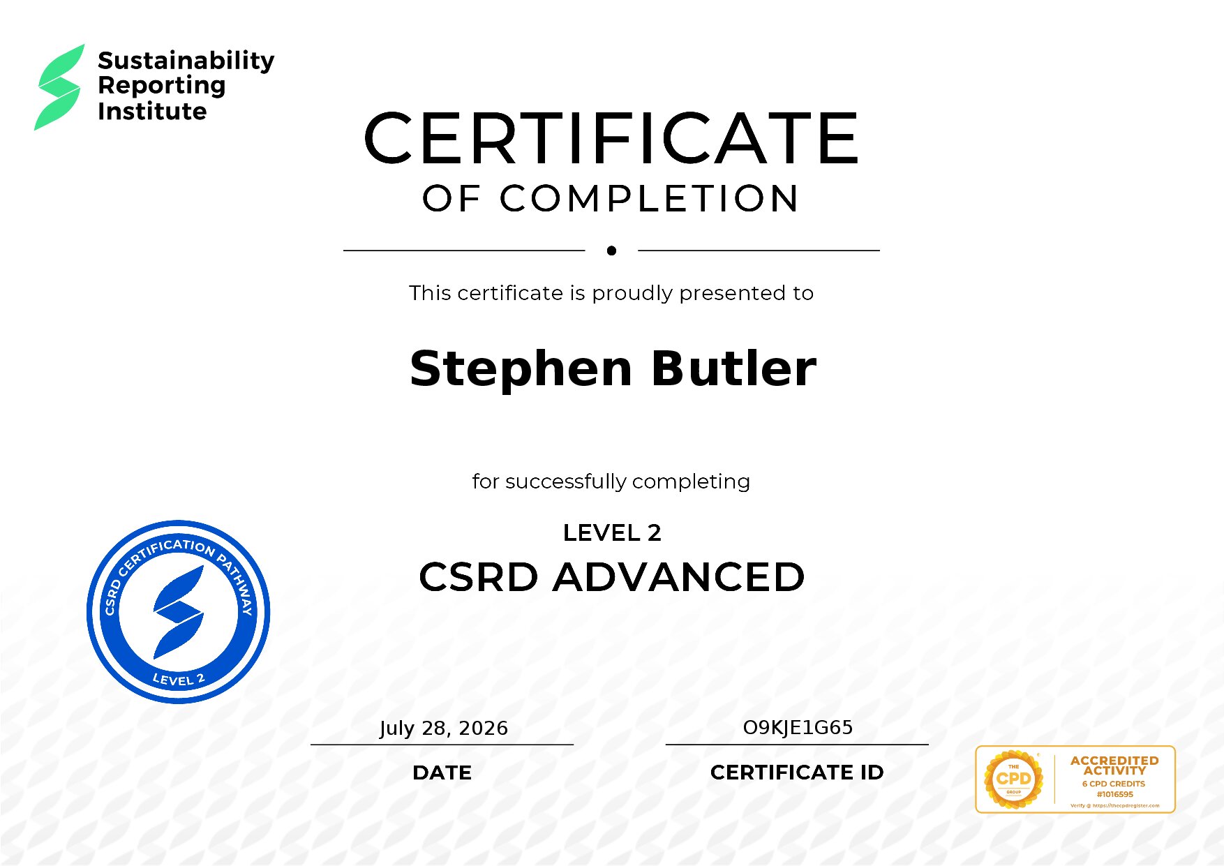 Certificate for Stephen Butler