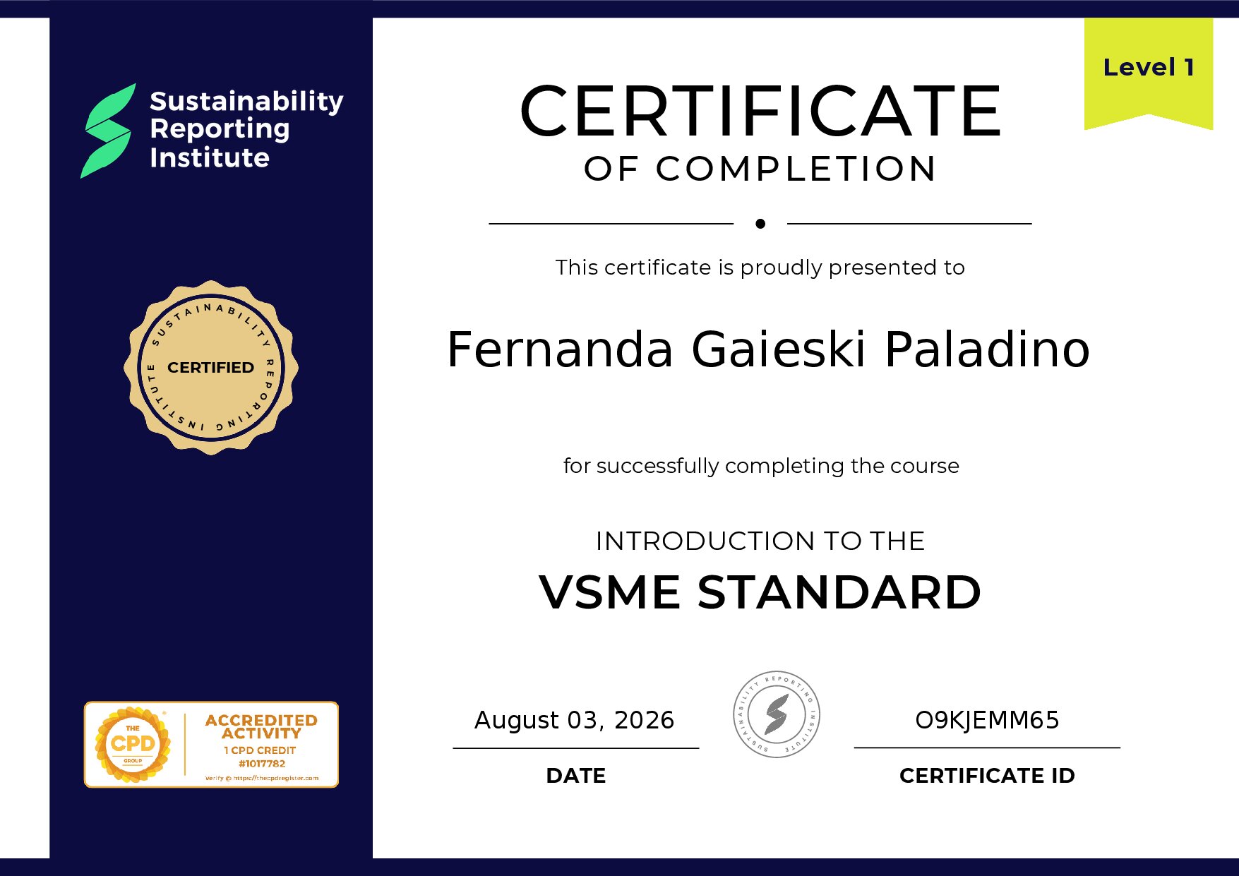 Certificate for Fernanda Gaieski Paladino
