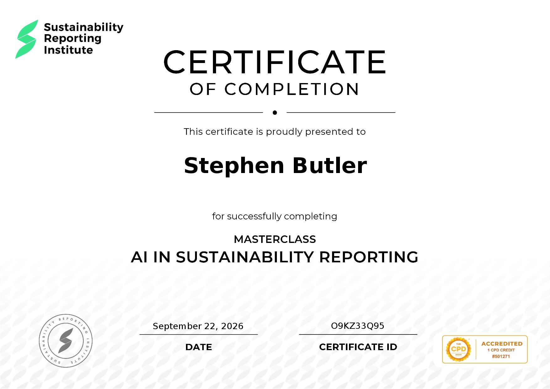 Certificate for Stephen Butler