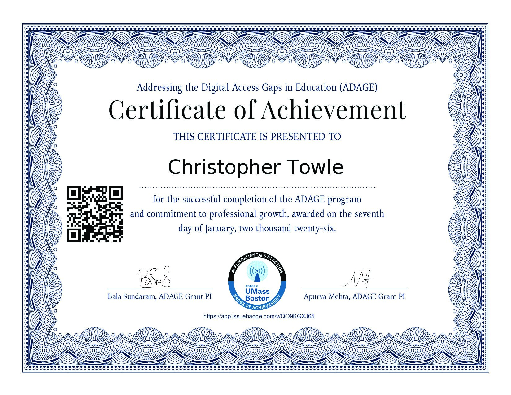 ADAGE Grant Certificate of Achievement | Digital Badge Credential