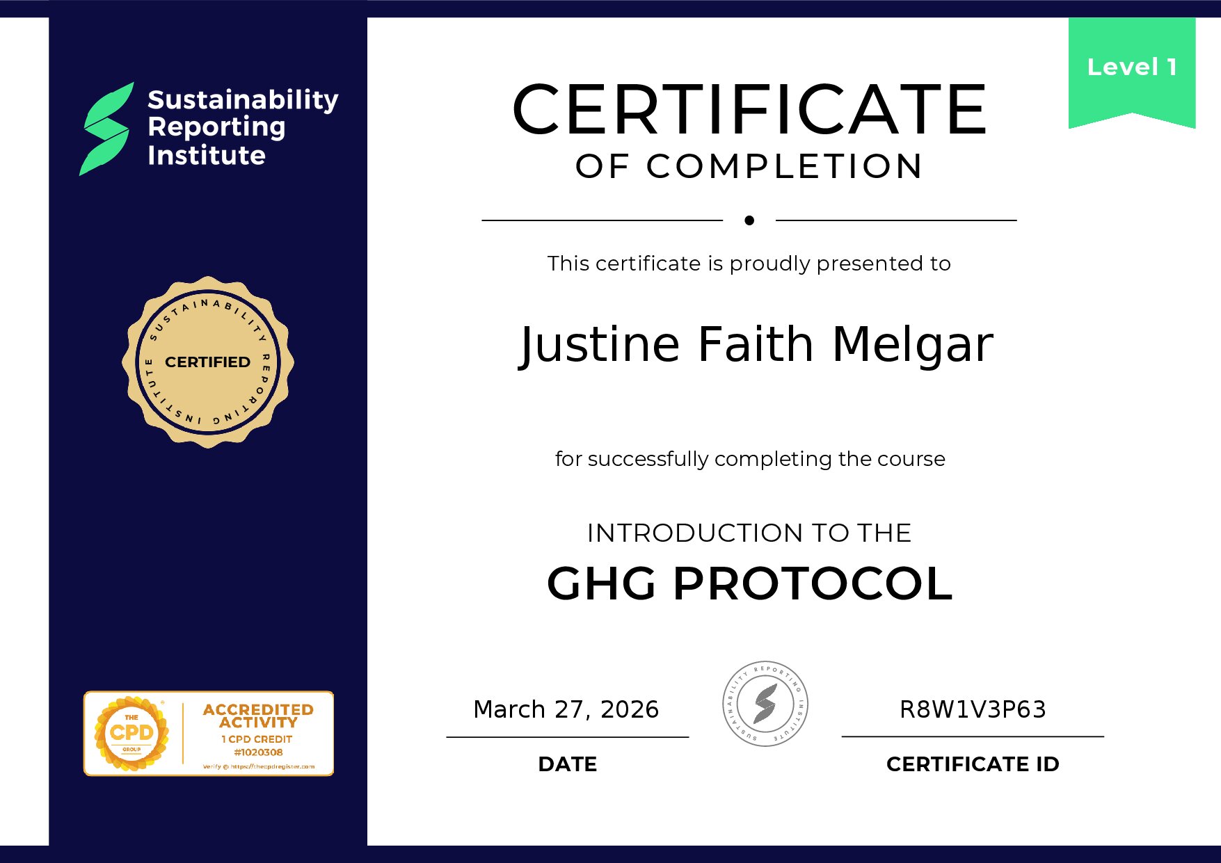 Certificate for Justine Faith Melgar