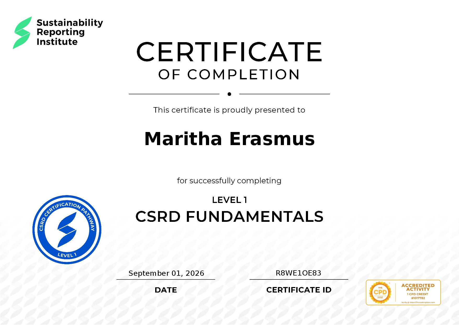 Certificate for Maritha Erasmus