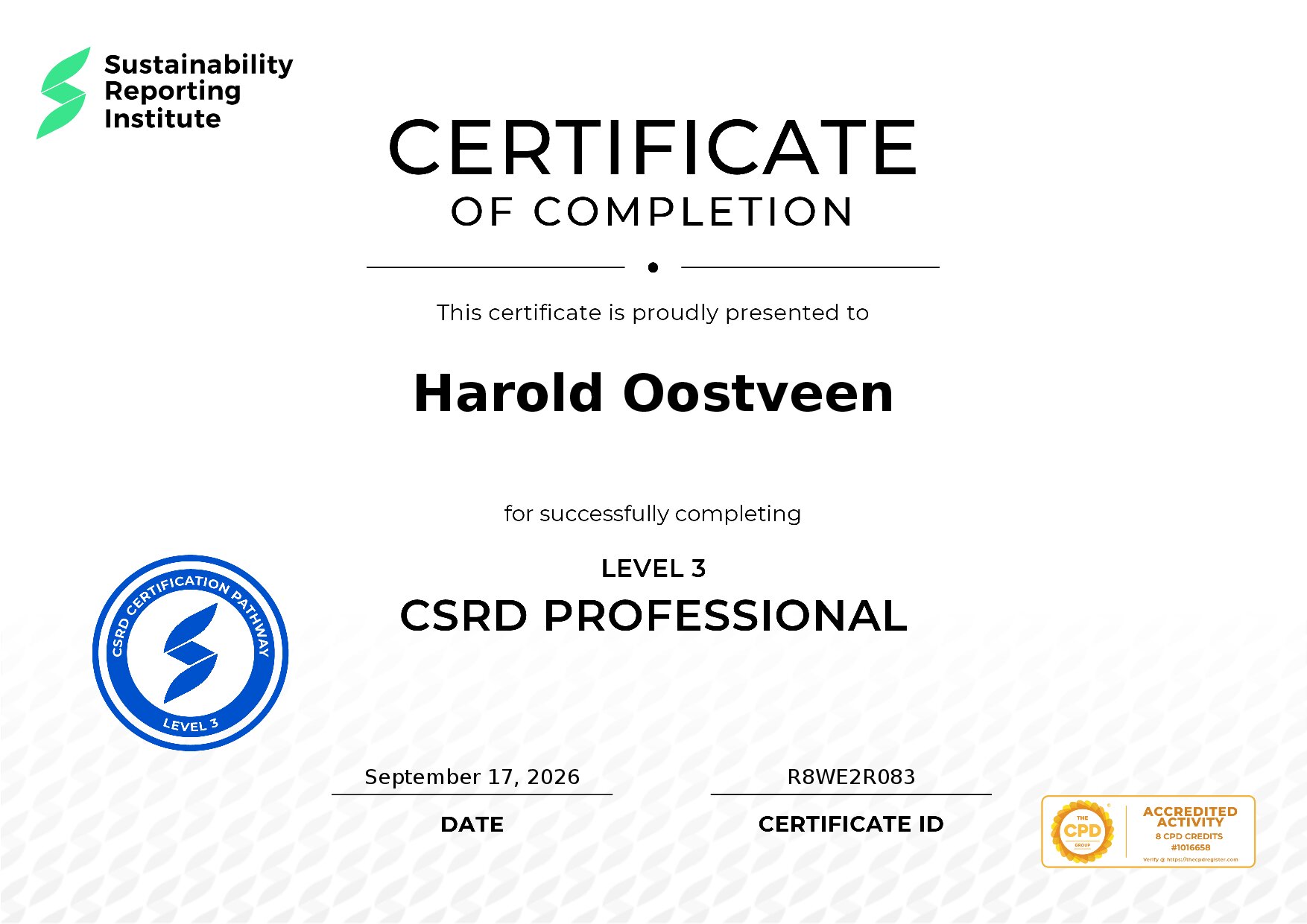 Certificate for Harold Oostveen