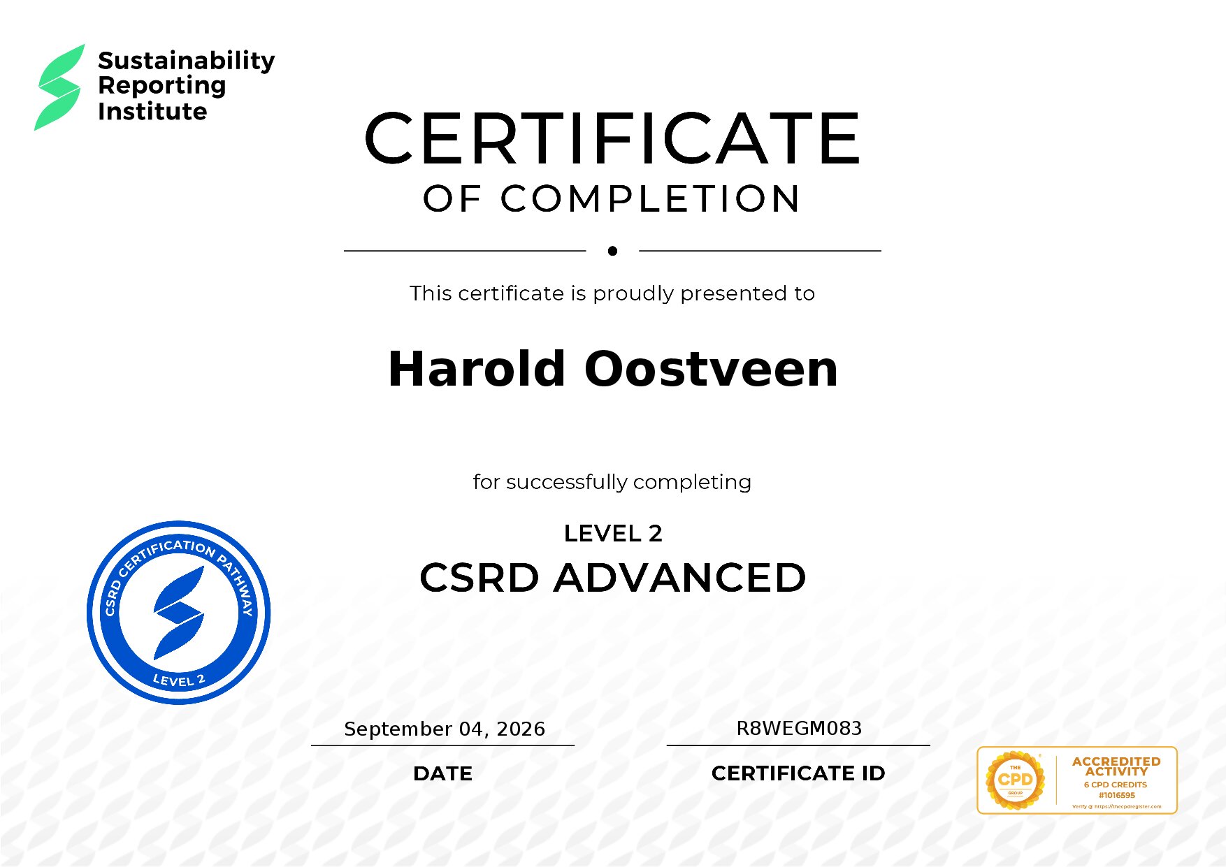 Certificate for Harold Oostveen