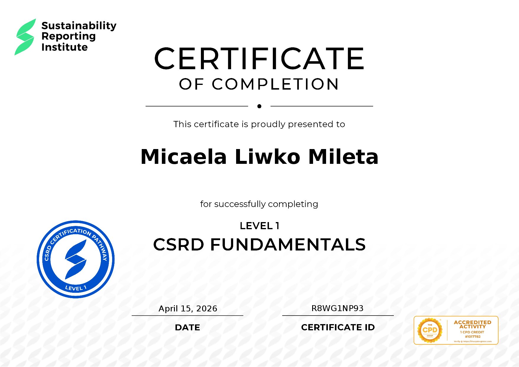 Certificate for Micaela Liwko Mileta