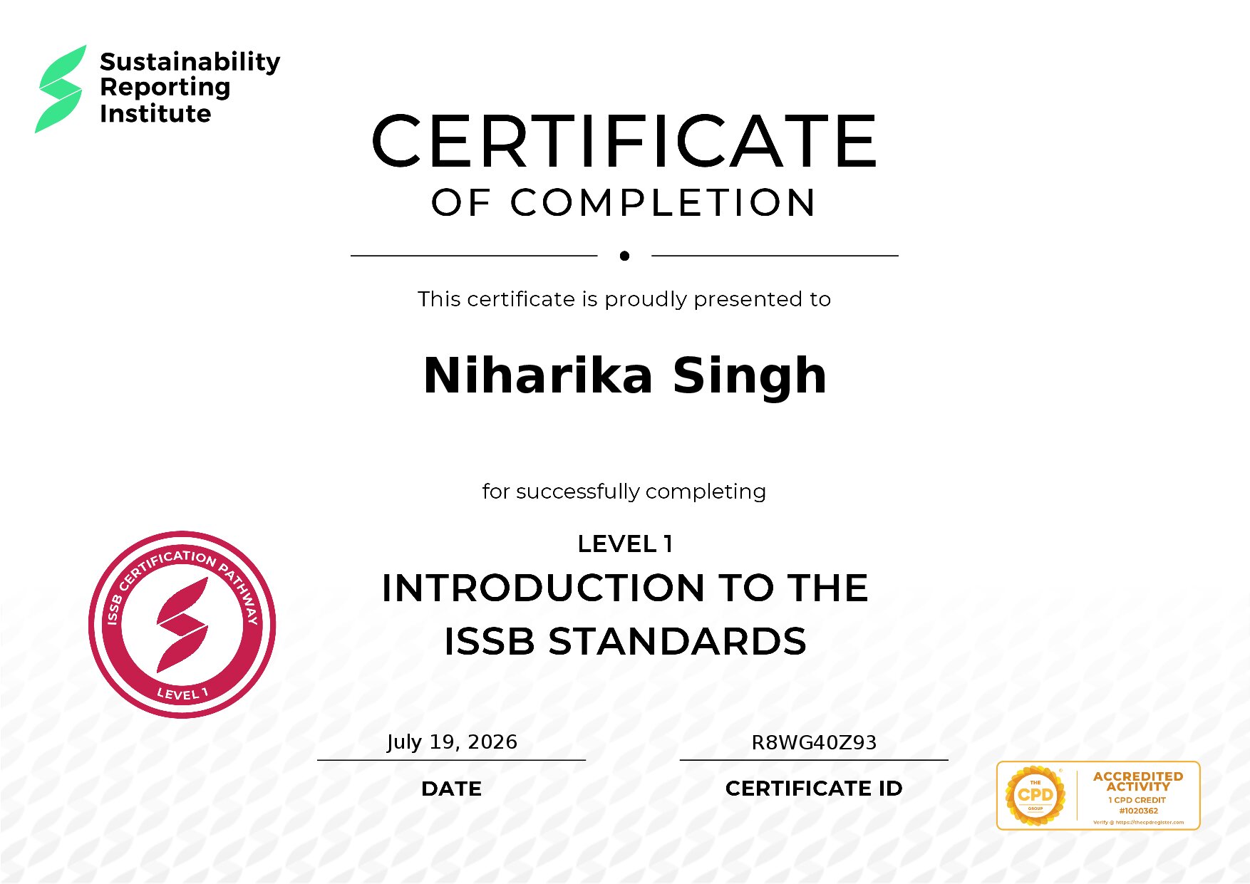 Certificate for Niharika Singh