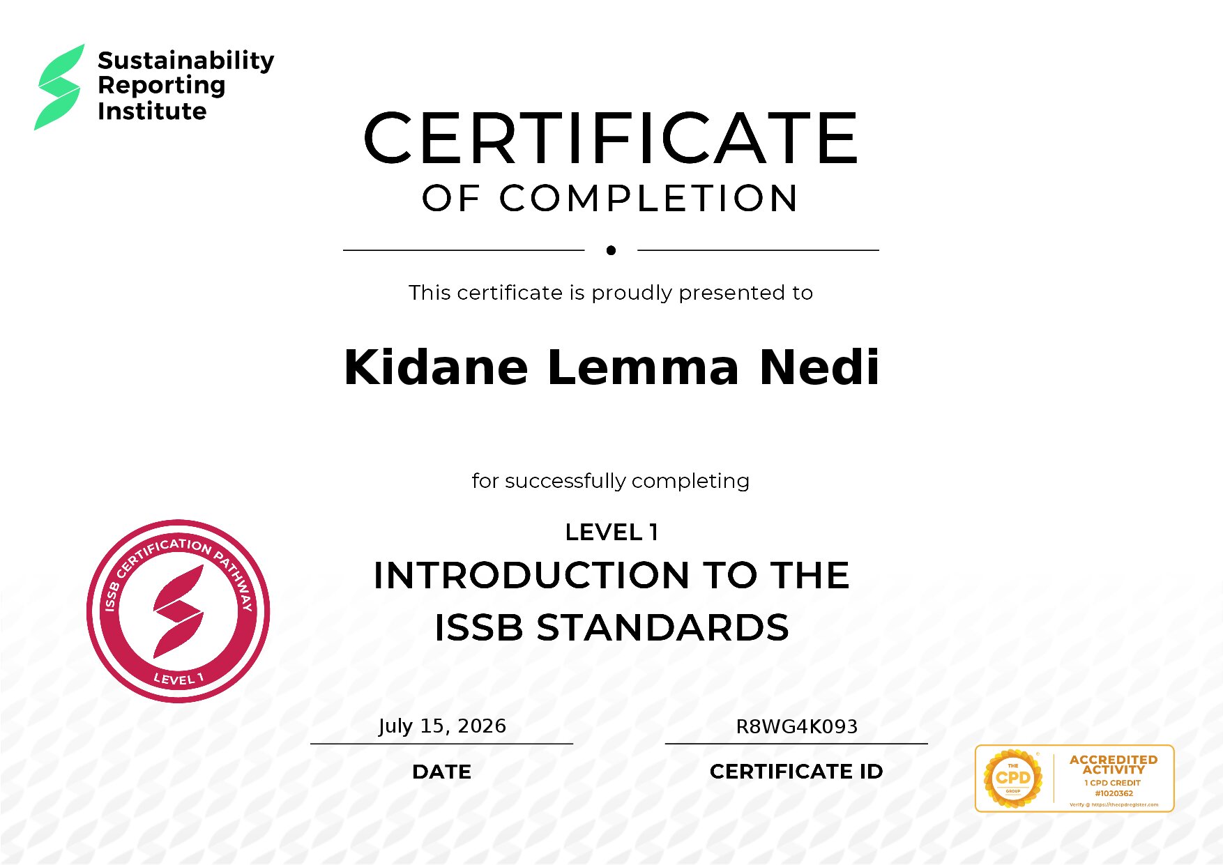 Certificate for Kidane Lemma Nedi