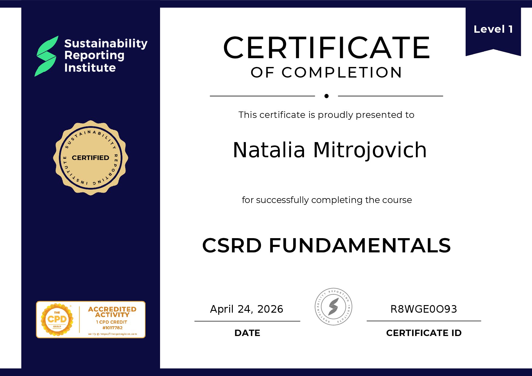 Certificate for Natalia Mitrojovich