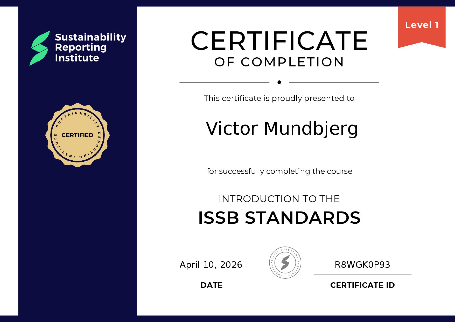 Certificate for Victor Mundbjerg