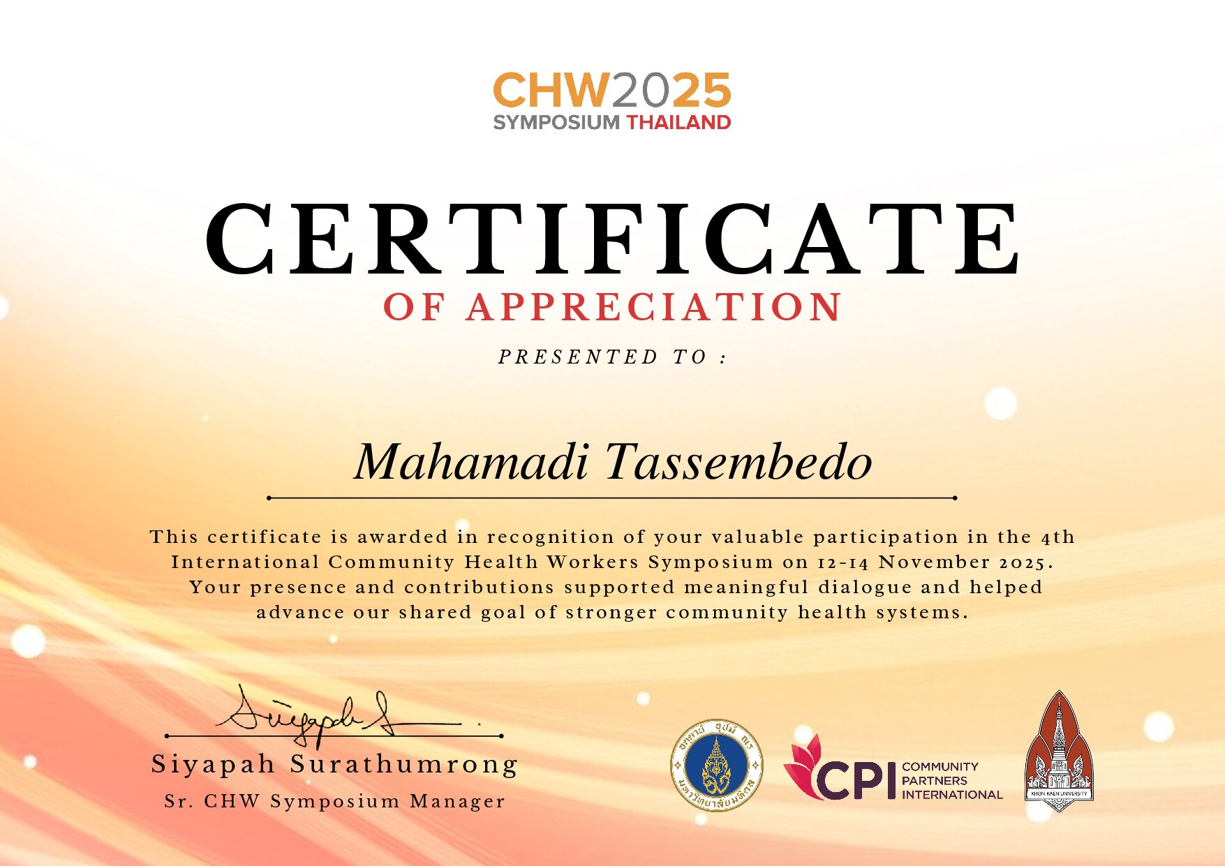 Certificate for Mahamadi Tassembedo