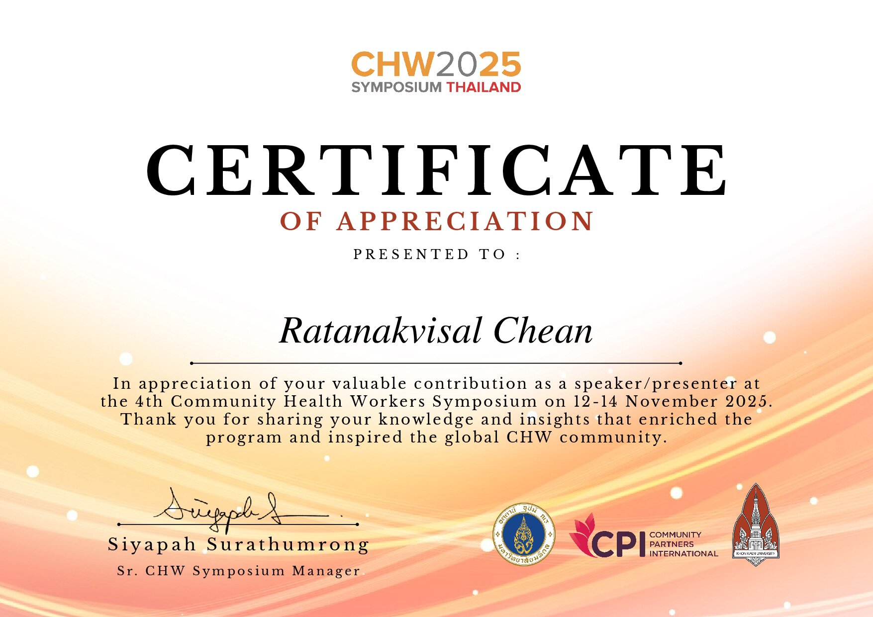 Certificate for Ratanakvisal Chean