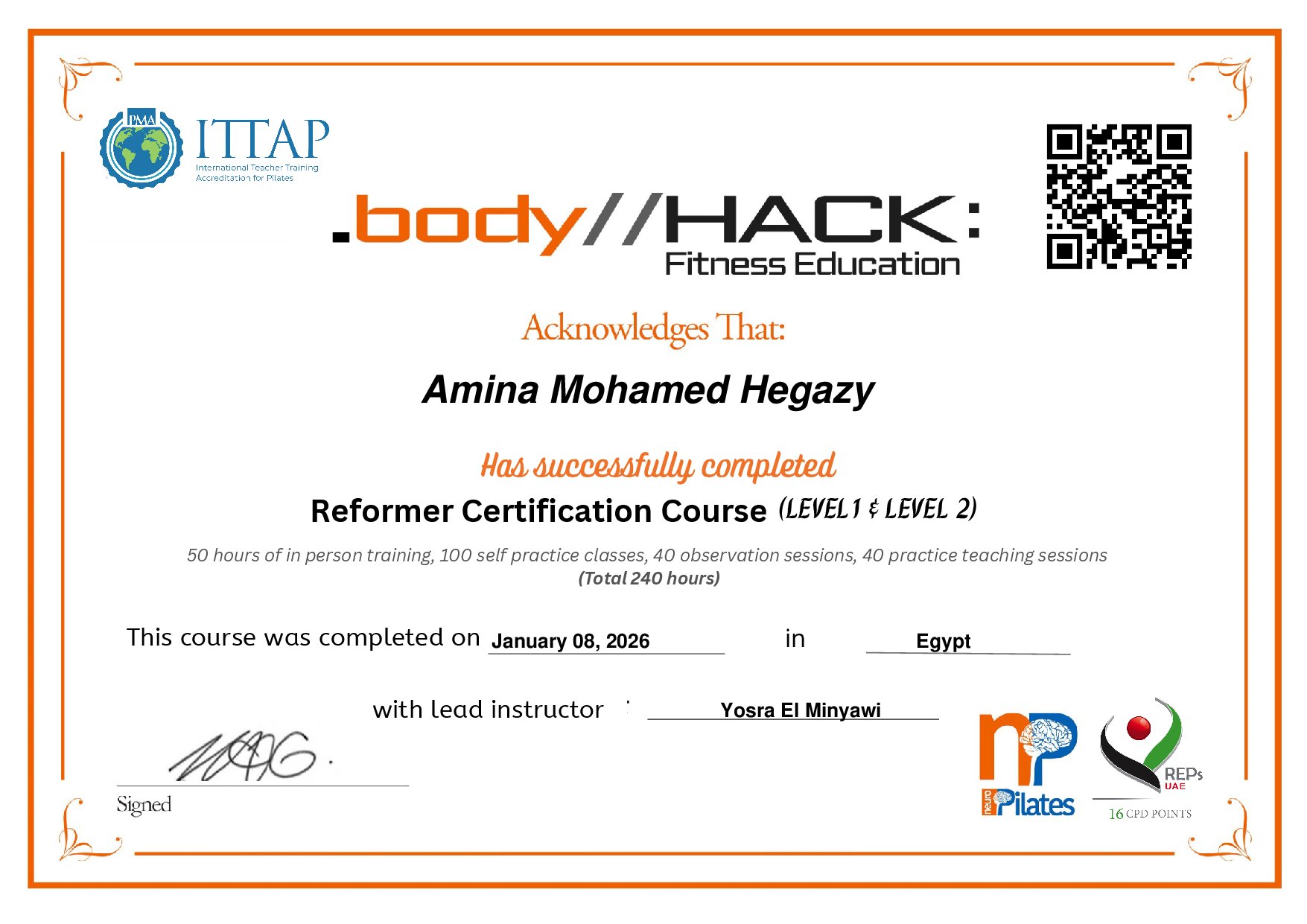 Certificate for Amina Mohamed Hegazy