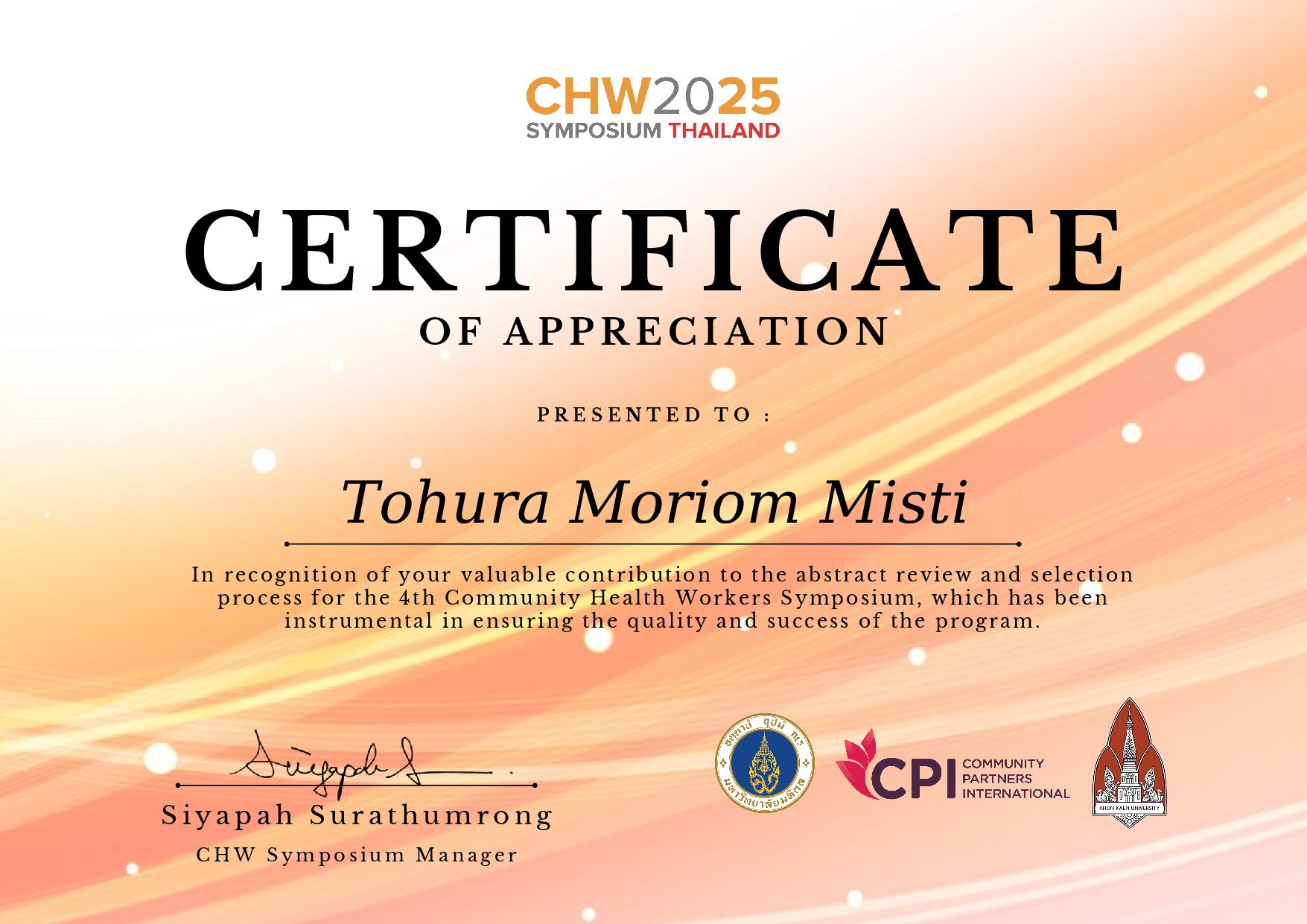 Certificate for Tohura Moriom Misti