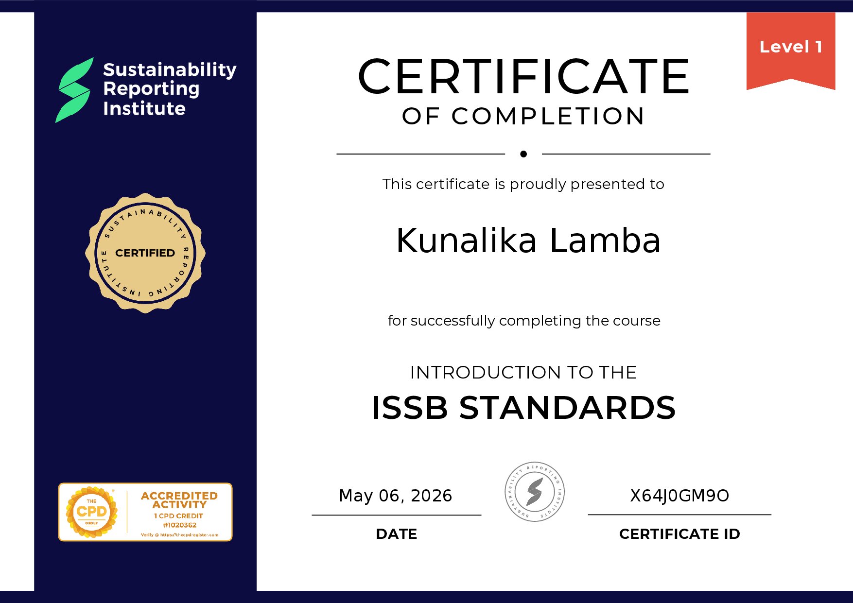 Certificate for Kunalika Lamba