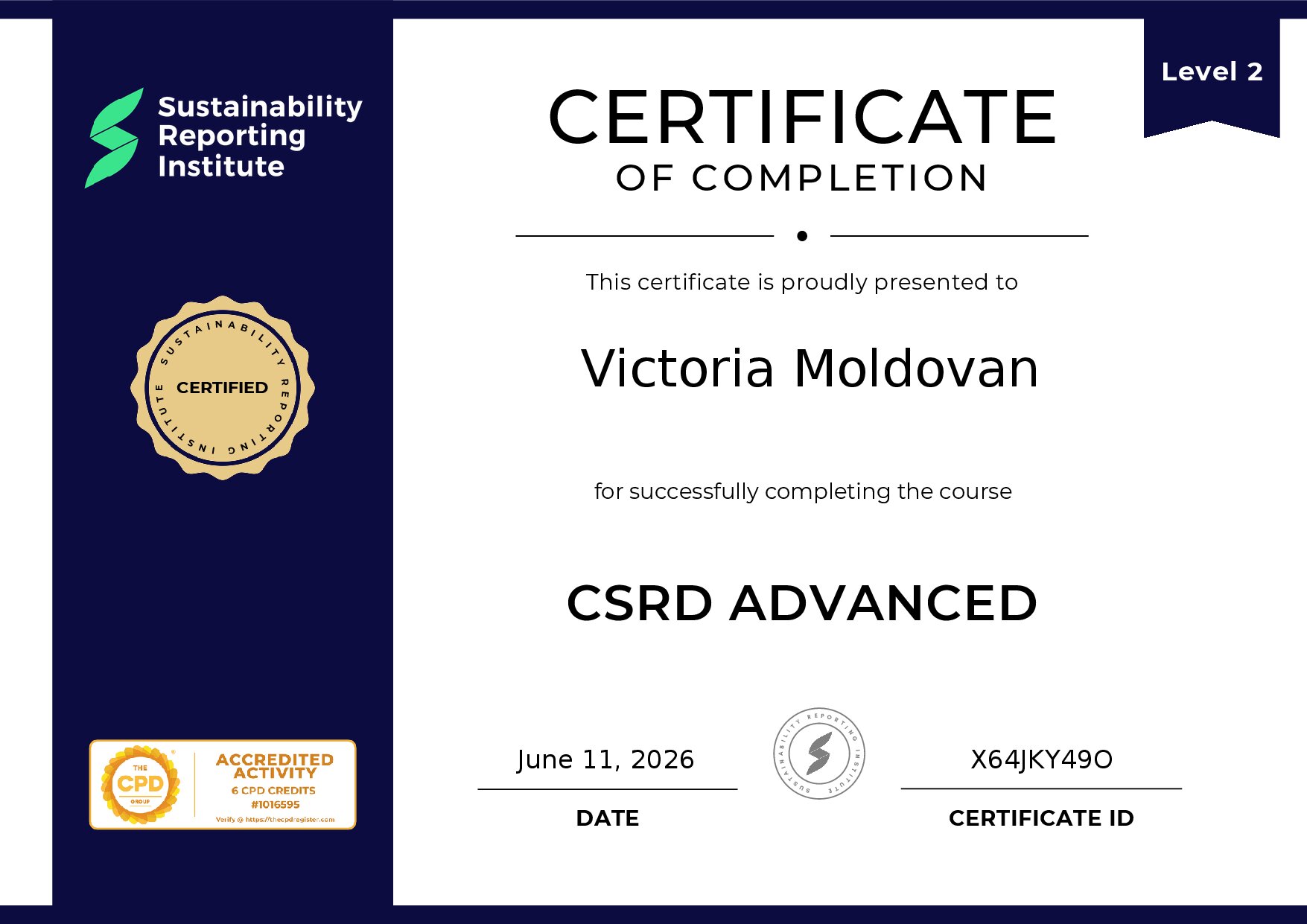 Certificate for Victoria Moldovan