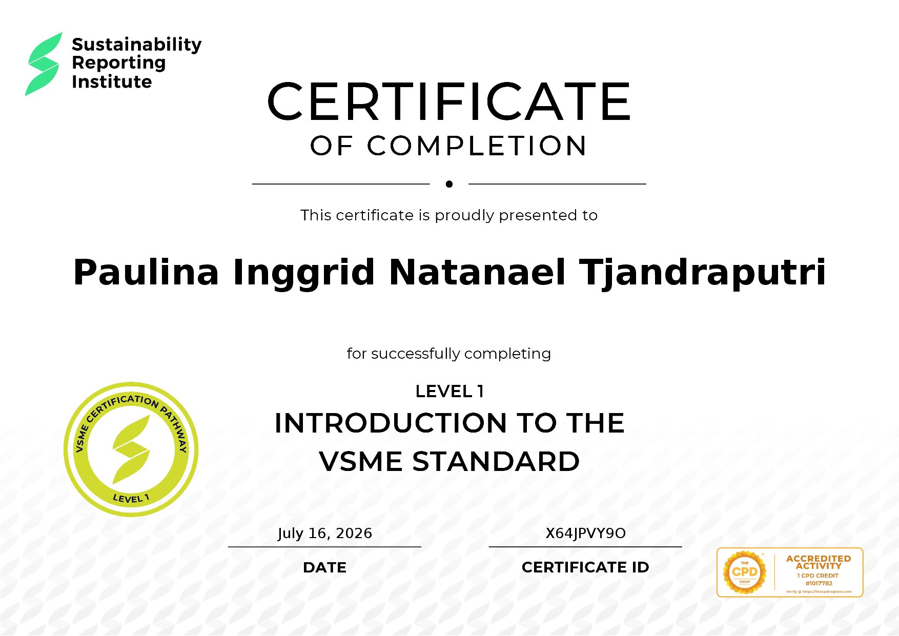 Certificate for Paulina Inggrid Natanael Tjandraputri