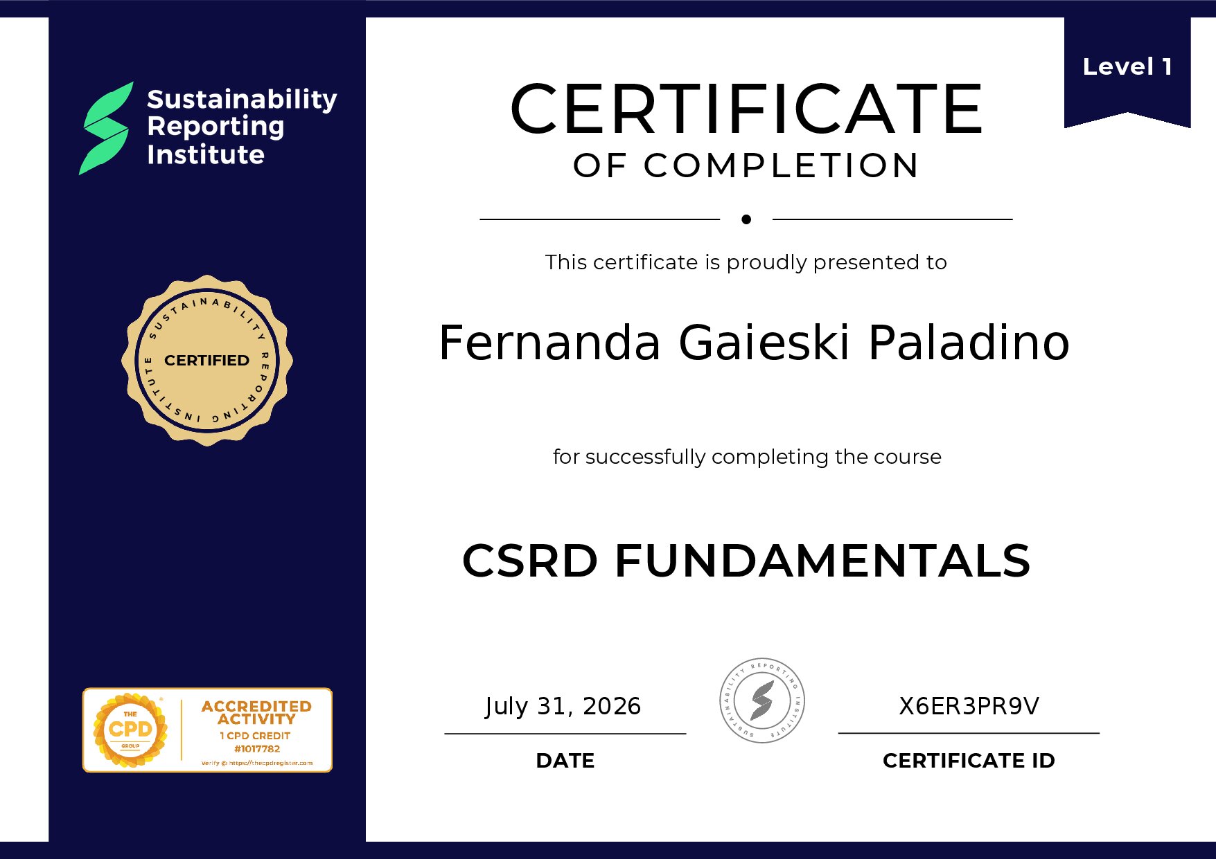 Certificate for Fernanda Gaieski Paladino