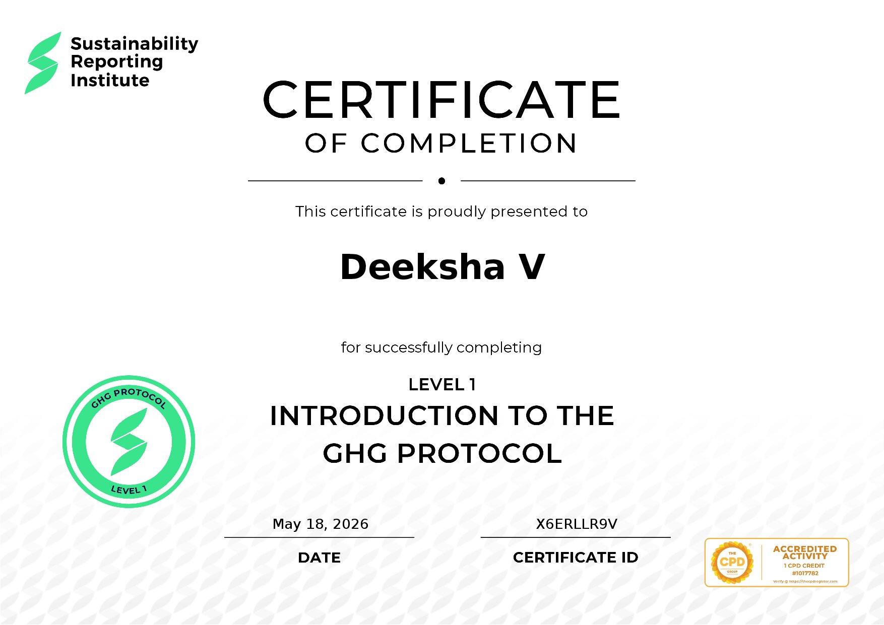 Certificate for Deeksha V