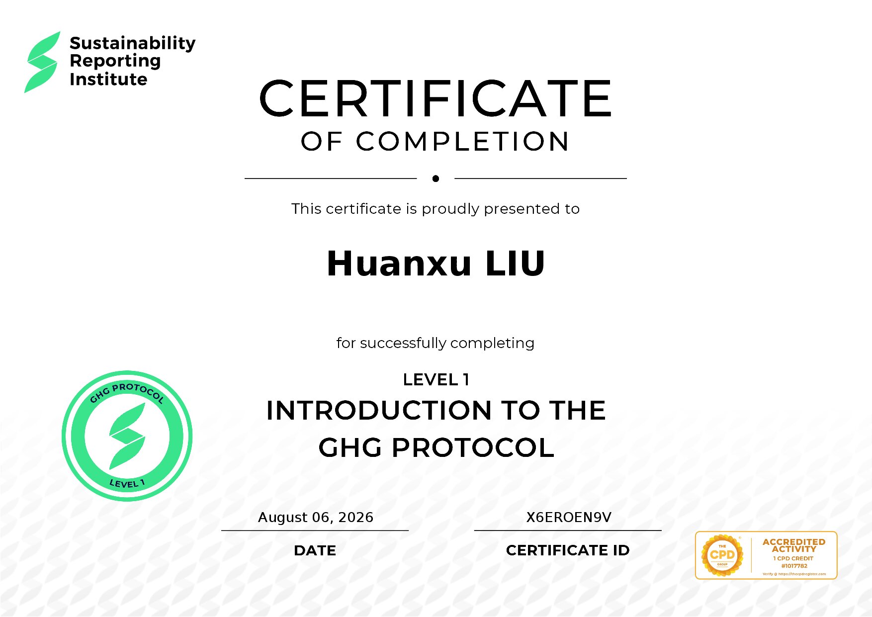 Certificate for Huanxu LIU