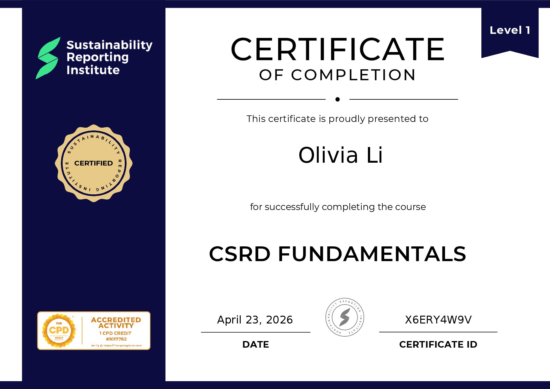 Certificate for Olivia Li