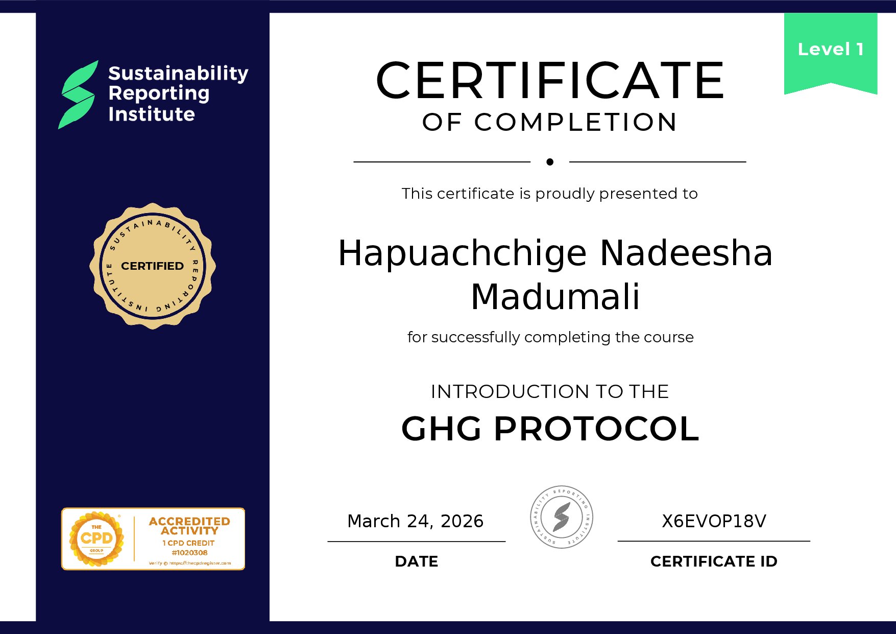 Certificate for Hapuachchige Nadeesha Madumali