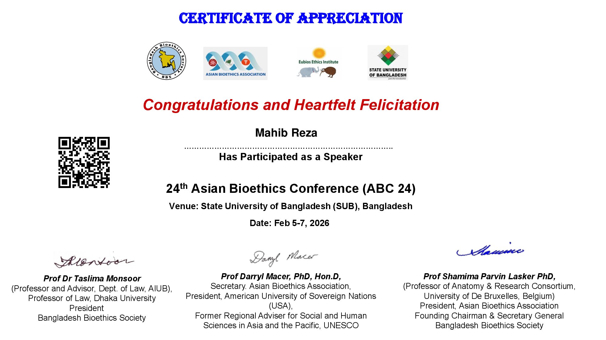 Certificate for Mahib Reza