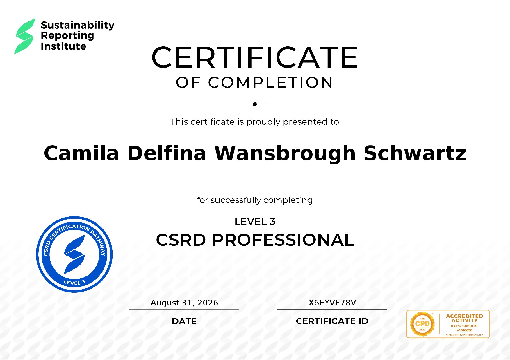 Certificate for Camila Delfina Wansbrough Schwartz