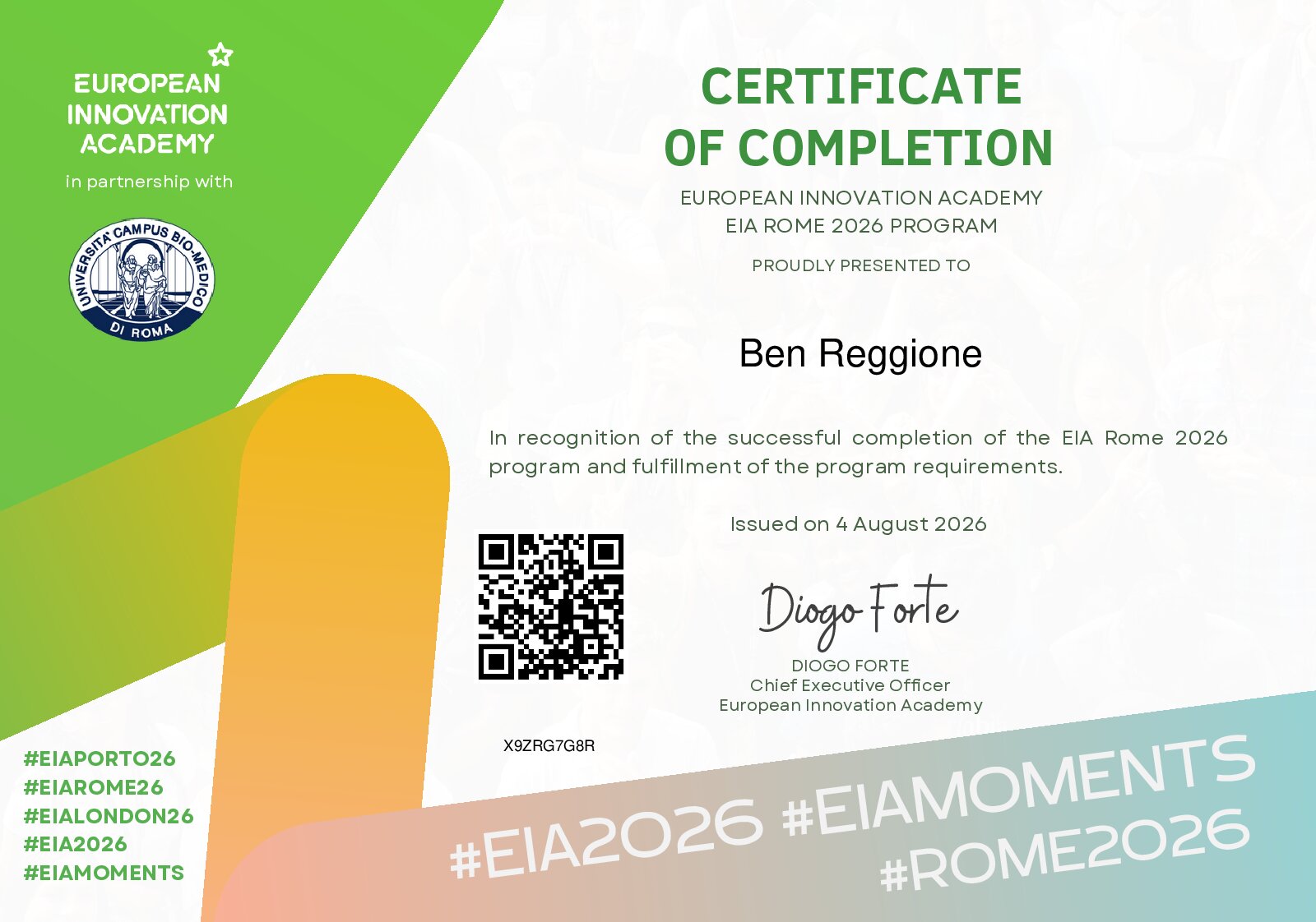 Certificate for Ben Reggione
