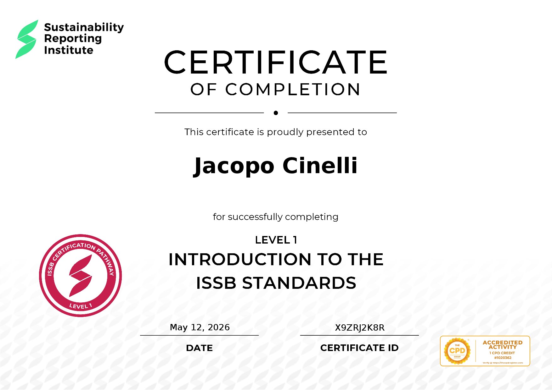 Certificate for Jacopo Cinelli