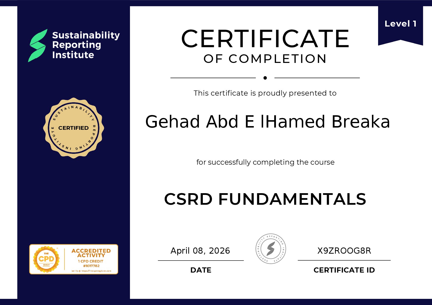 Certificate for Gehad Abd E lHamed Breaka