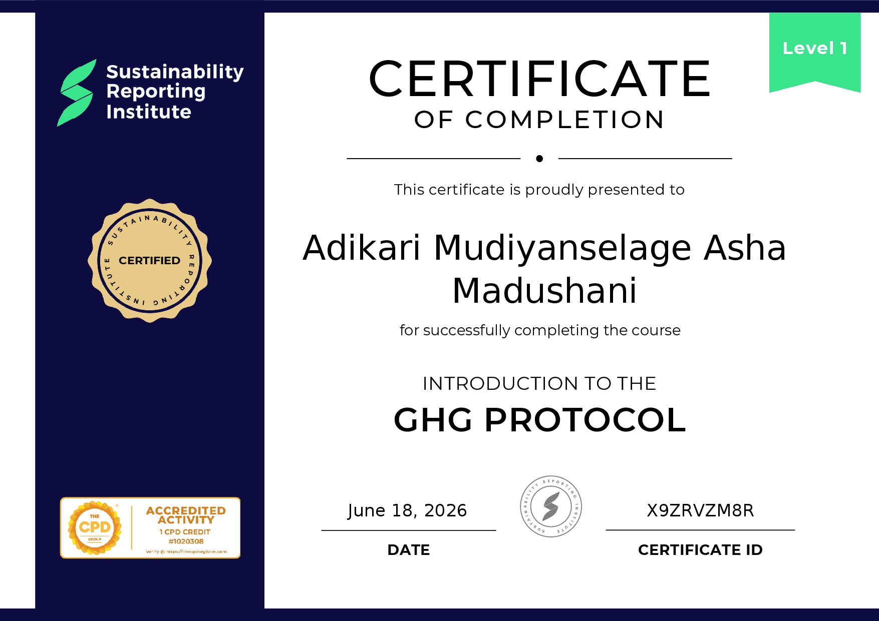 Certificate for Adikari Mudiyanselage Asha Madushani