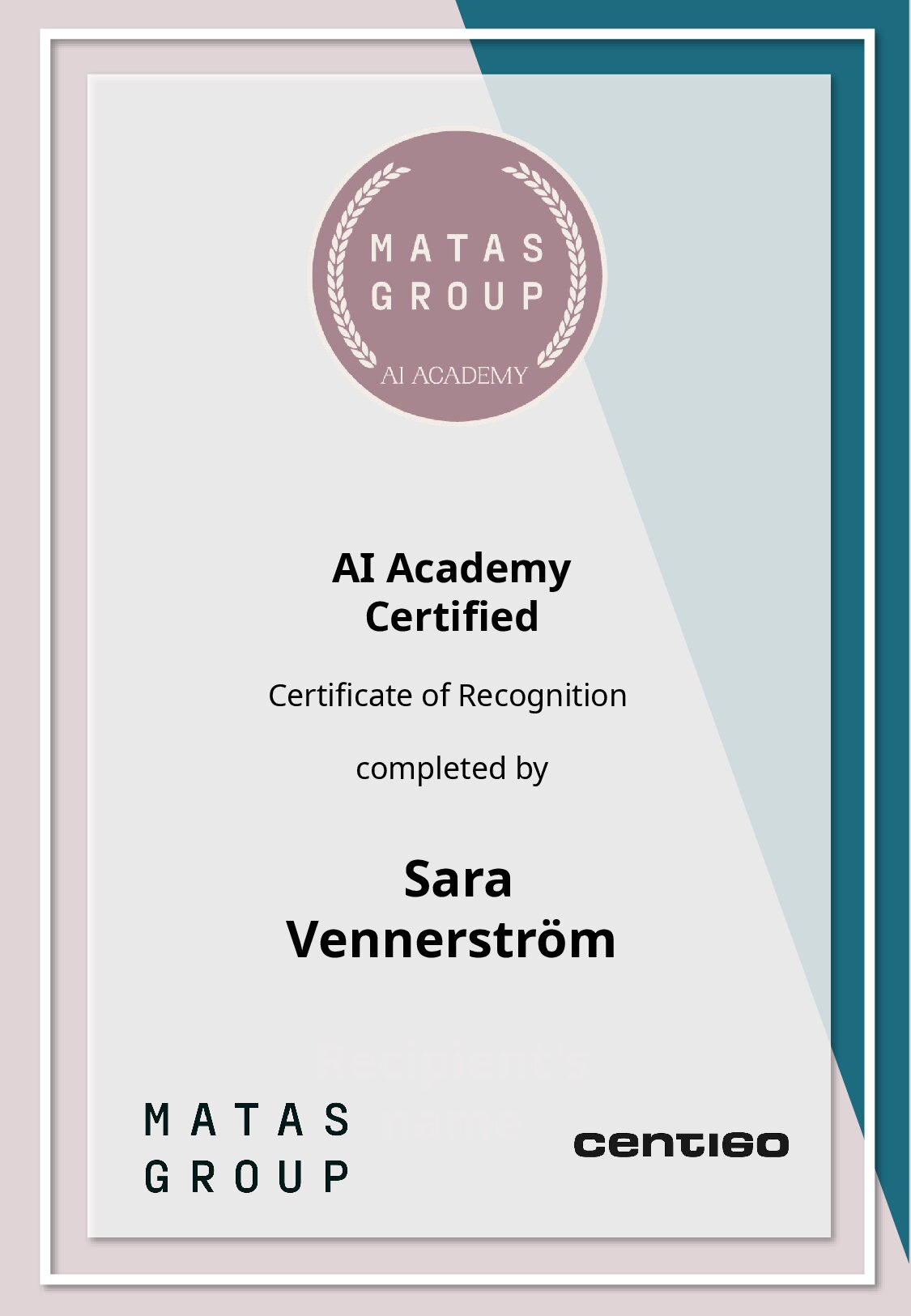 Certificate for Sara Vennerström