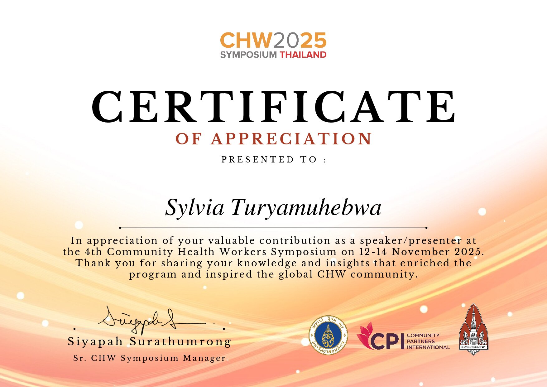 Certificate for Sylvia Turyamuhebwa