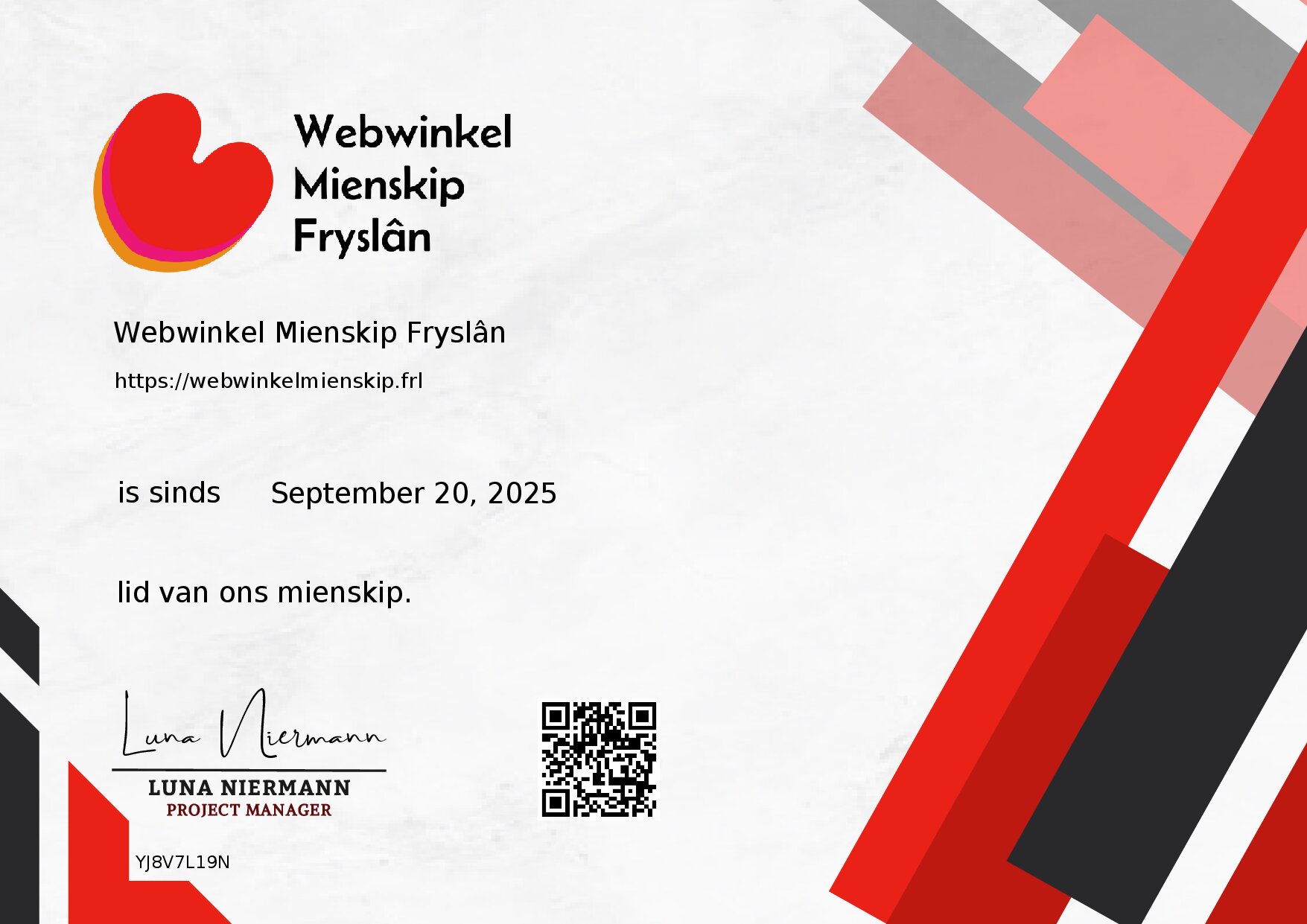 Certificate for Webwinkel Mienskip Fryslân