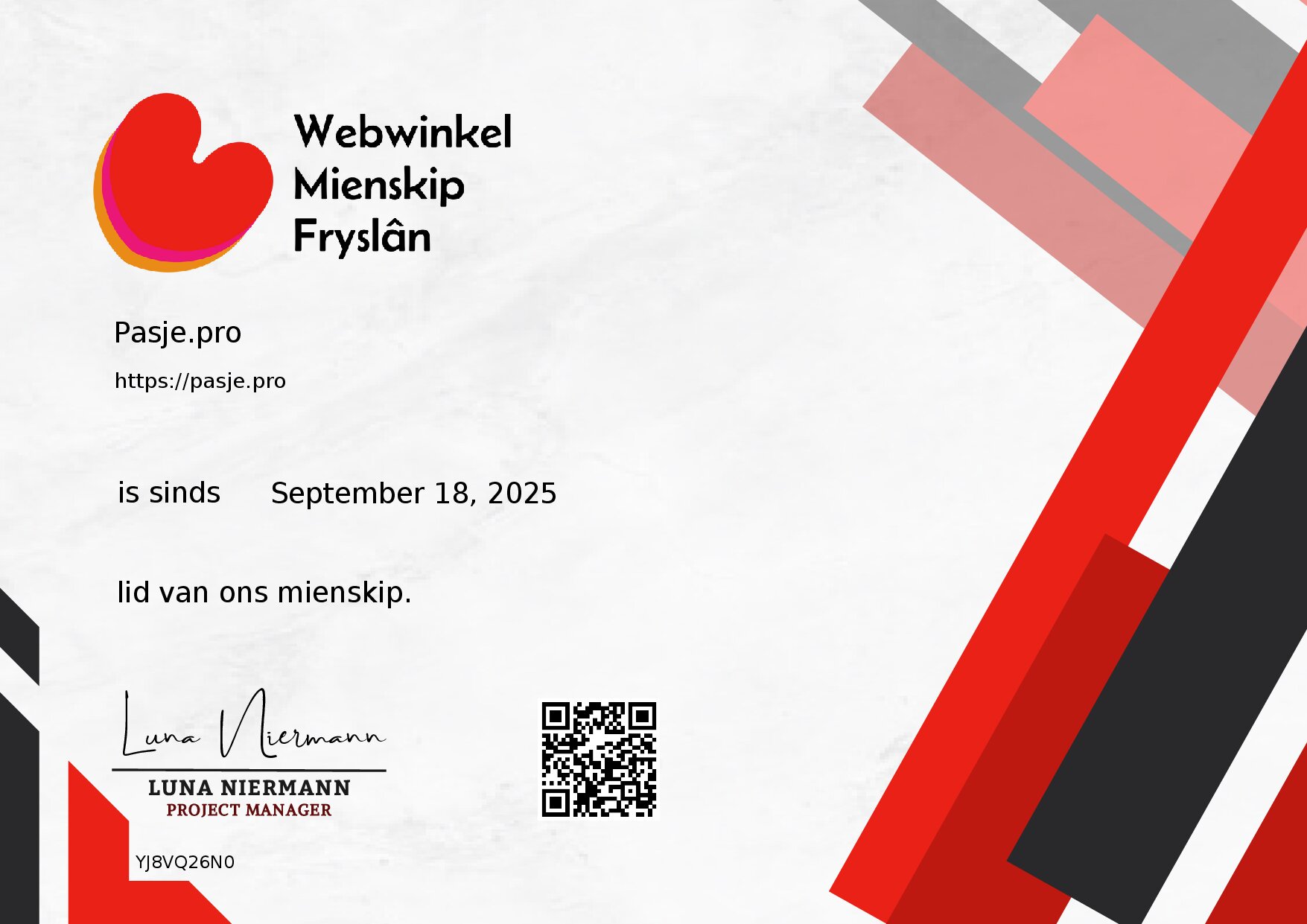 Certificate for Pasje.pro