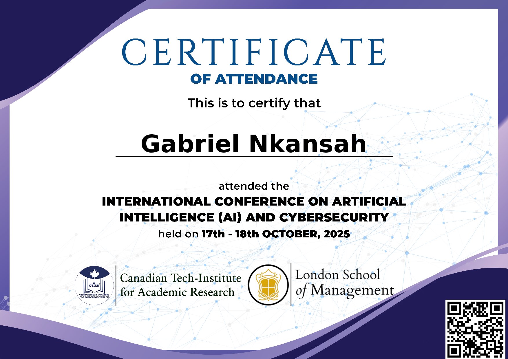 Certificate for Gabriel Nkansah